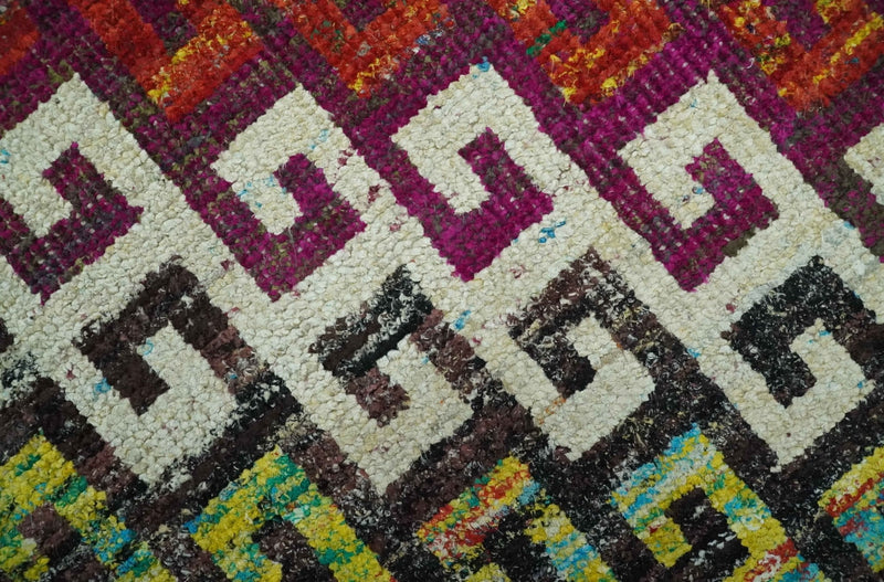 5.6x8.6 Ivory, Rust, Black and Mustard Greek key design Hand Knotted wool area rug