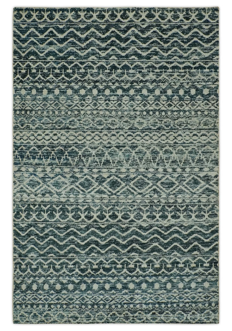 5.6x8.6 Teal Green and Beige Hand Knotted Southwestern Tribal Trellis wool Area Rug