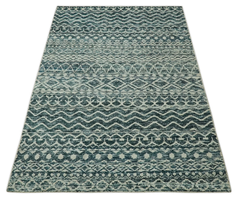 5.6x8.6 Teal Green and Beige Hand Knotted Southwestern Tribal Trellis wool Area Rug