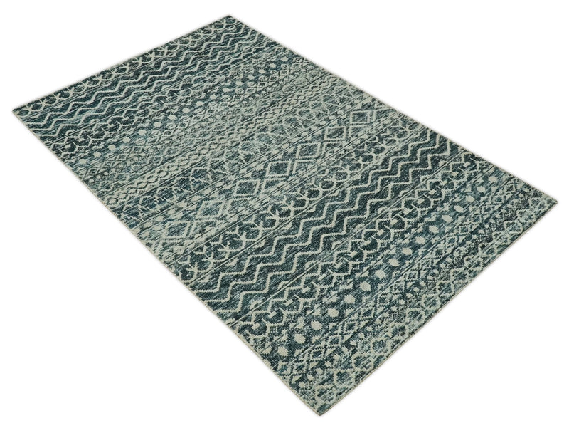 5.6x8.6 Teal Green and Beige Hand Knotted Southwestern Tribal Trellis wool Area Rug