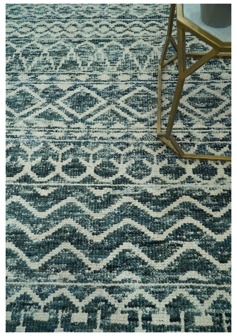 5.6x8.6 Teal Green and Beige Hand Knotted Southwestern Tribal Trellis wool Area Rug