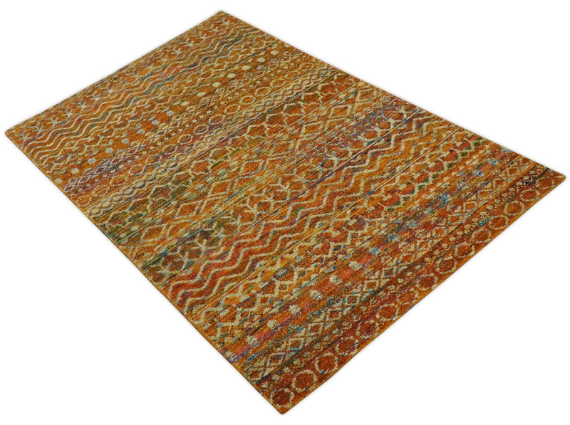 5.6x8.6 Hand Knotted Rust and Beige Modern Contemporary Southwestern Tribal Trellis Recycled wool Area Rug