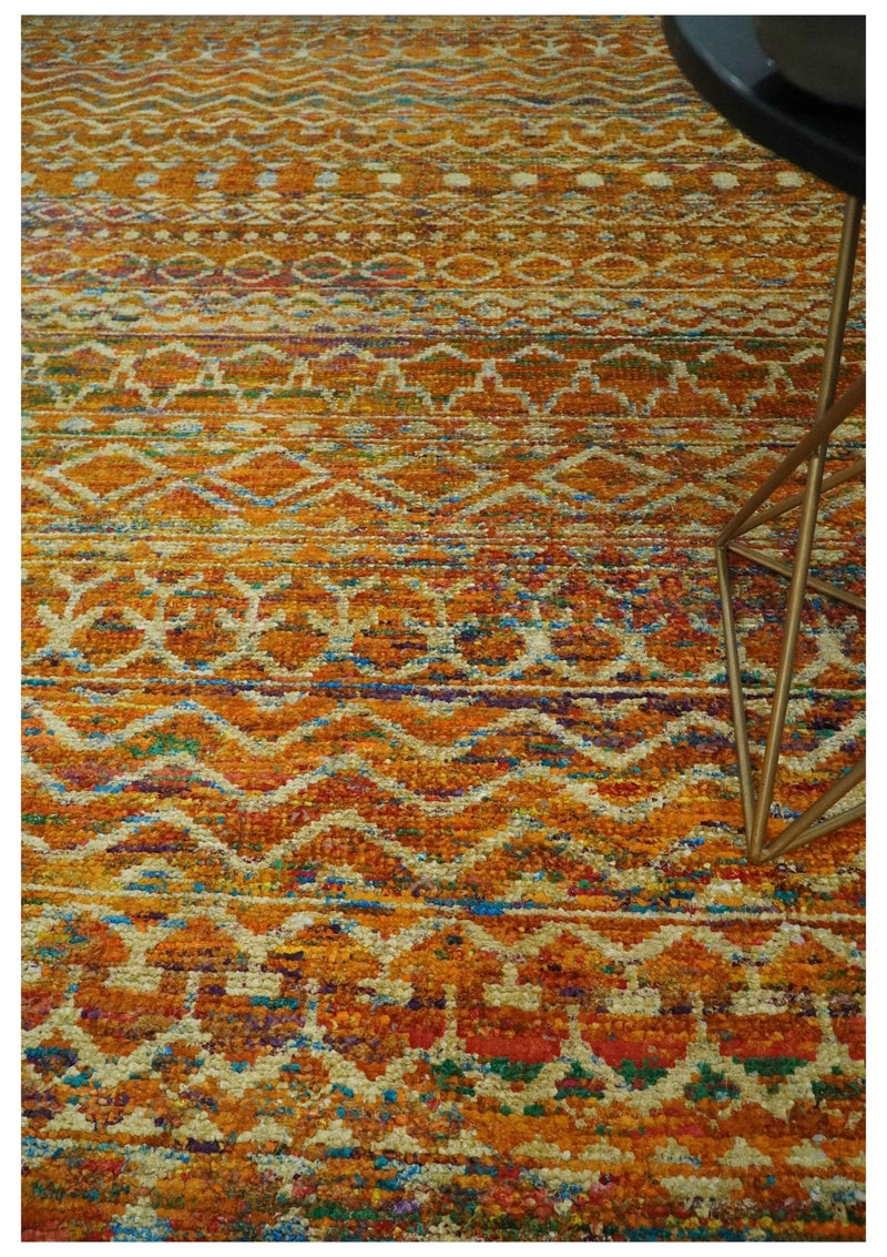 5.6x8.6 Hand Knotted Rust and Beige Modern Contemporary Southwestern Tribal Trellis Recycled wool Area Rug