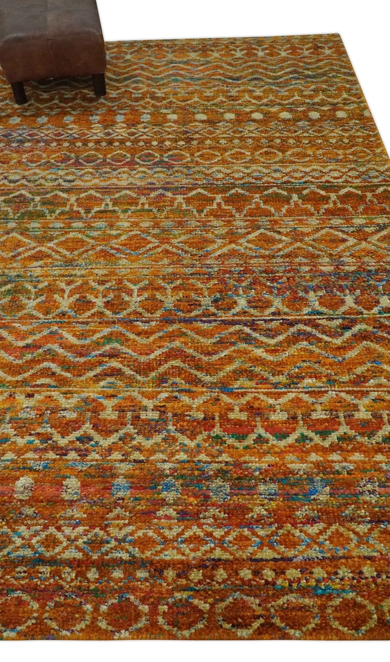 5.6x8.6 Hand Knotted Rust and Beige Modern Contemporary Southwestern Tribal Trellis Recycled wool Area Rug