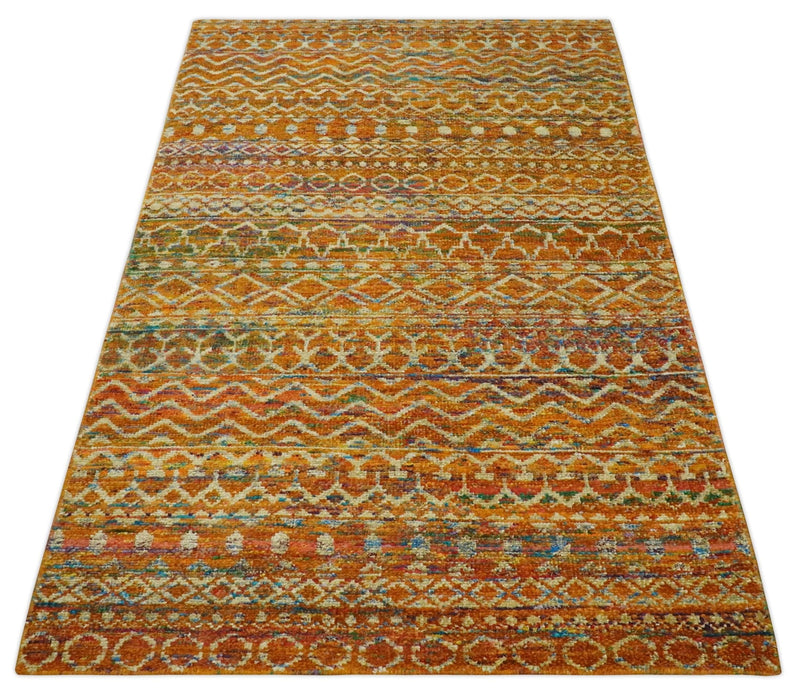 5.6x8.6 Hand Knotted Rust and Beige Modern Contemporary Southwestern Tribal Trellis Recycled wool Area Rug