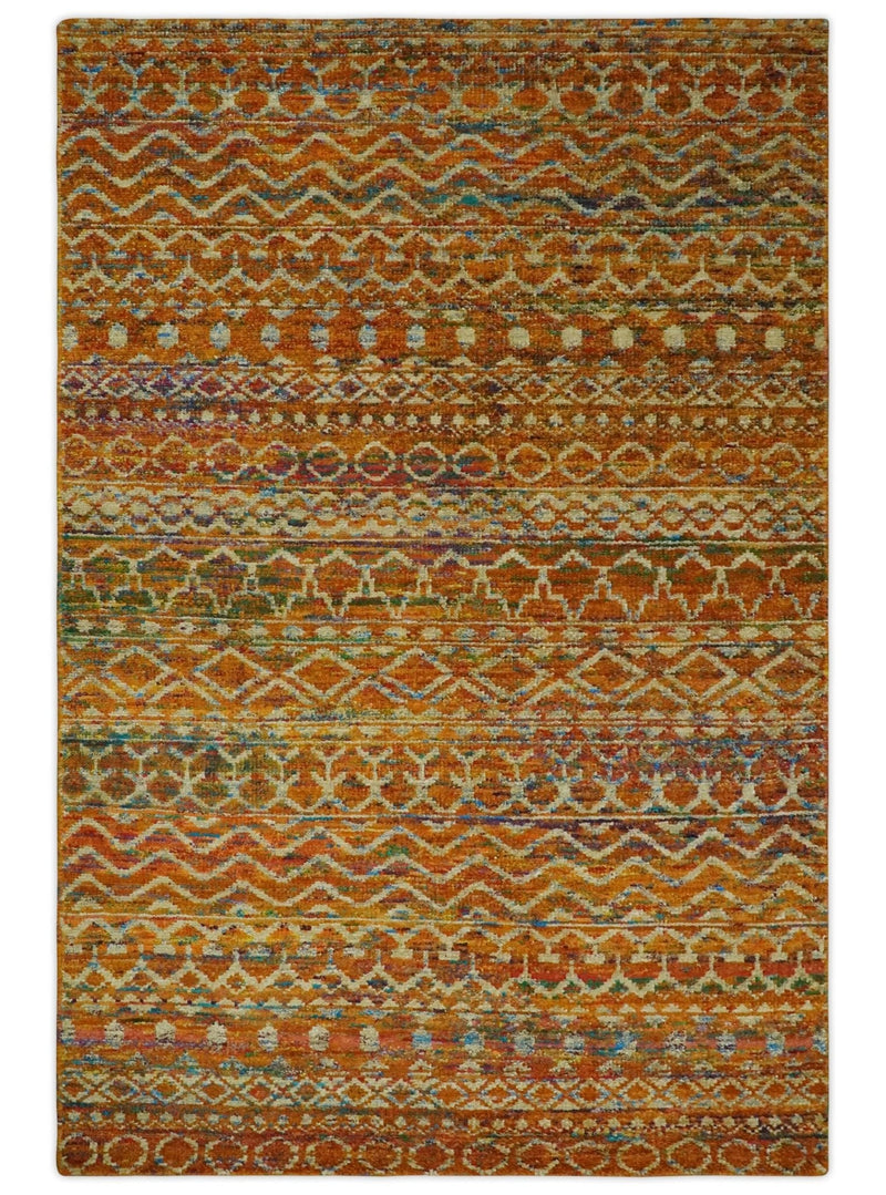 5.6x8.6 Hand Knotted Rust and Beige Modern Contemporary Southwestern Tribal Trellis Recycled wool Area Rug