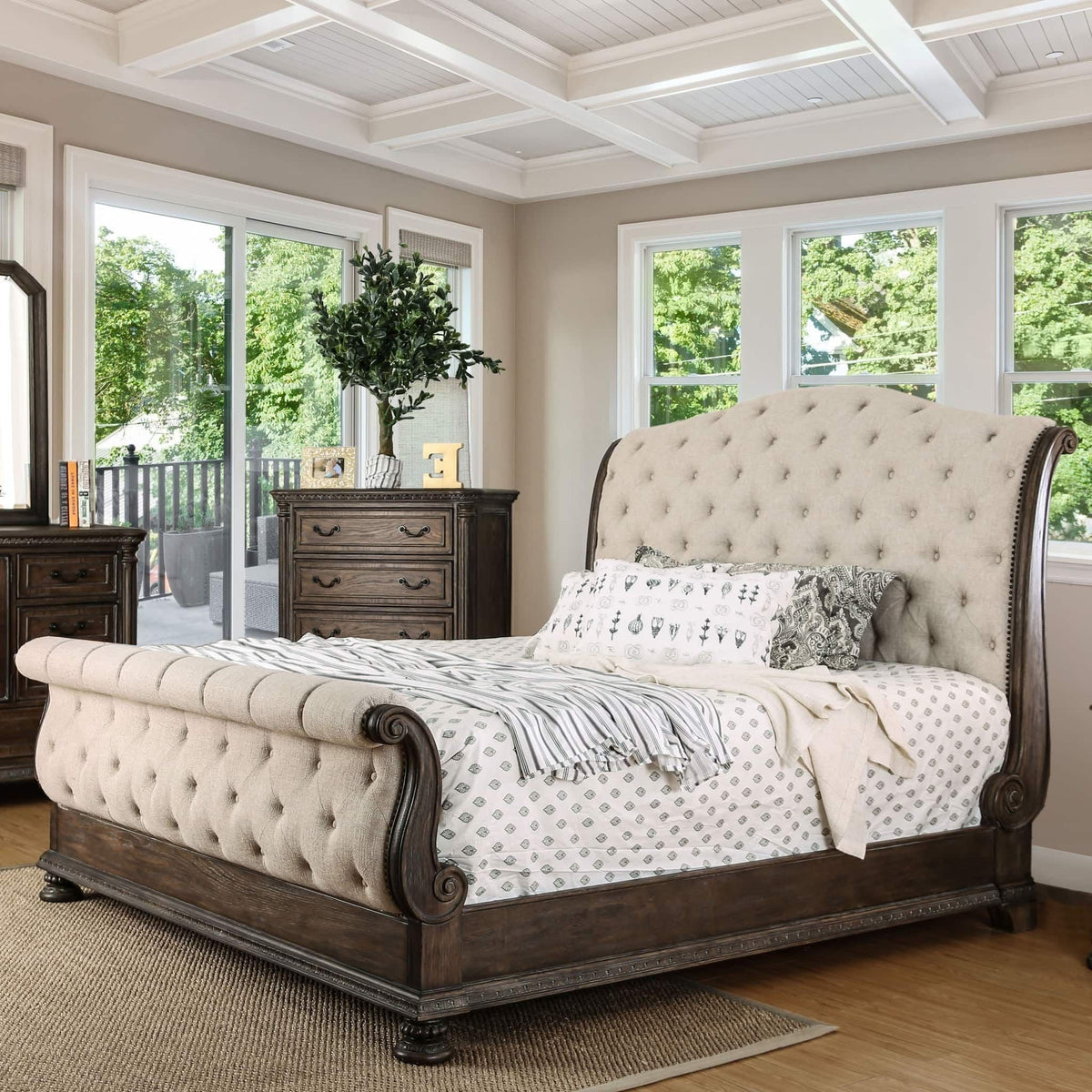 Sleigh Bed With Button Tufted Fabric Headboard And Footboard, photo 2 of 11