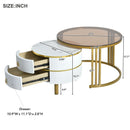 27.5" & 19.6" Stackable Coffee Table with 2 Drawers, Nesting Tables with Brown Tempered Glass and High Gloss Marble Tabletop, Set of 2, Round Center Table for Living Room, White