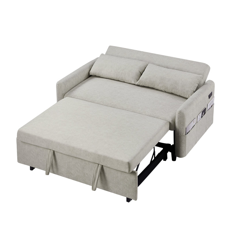 55.1" Pull Out Sleep Sofa Bed Loveseats Sofa Couch with Adjustable Backrest, Storage Pockets, 2 Soft Pillows, USB Ports for Living Room, Bedroom, Apartment, Office, Beige