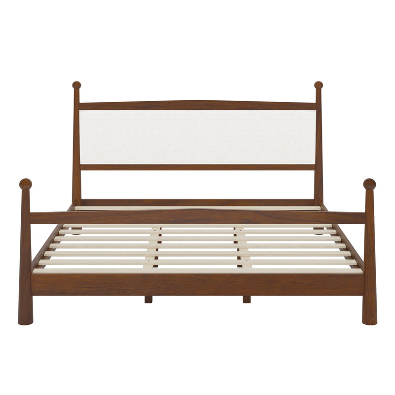 Mid-Century Modern King Size Solid Pine Wood Platform Bed with Upholstered Headboard in Boucle, No Box Spring Needed, Brown