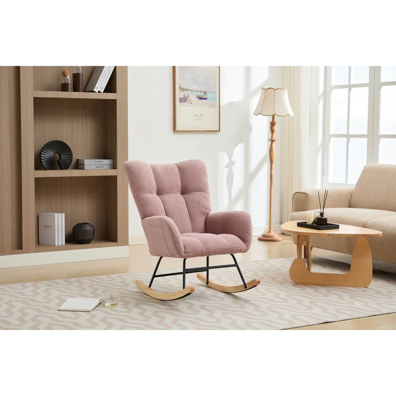Modern Nursery Rocking Chair Upholstered Glider Chair with High Backrest Rocker Accent Armchair with Solid Wood Legs for Nursery Bedroom Living Room Teddy(Pink)