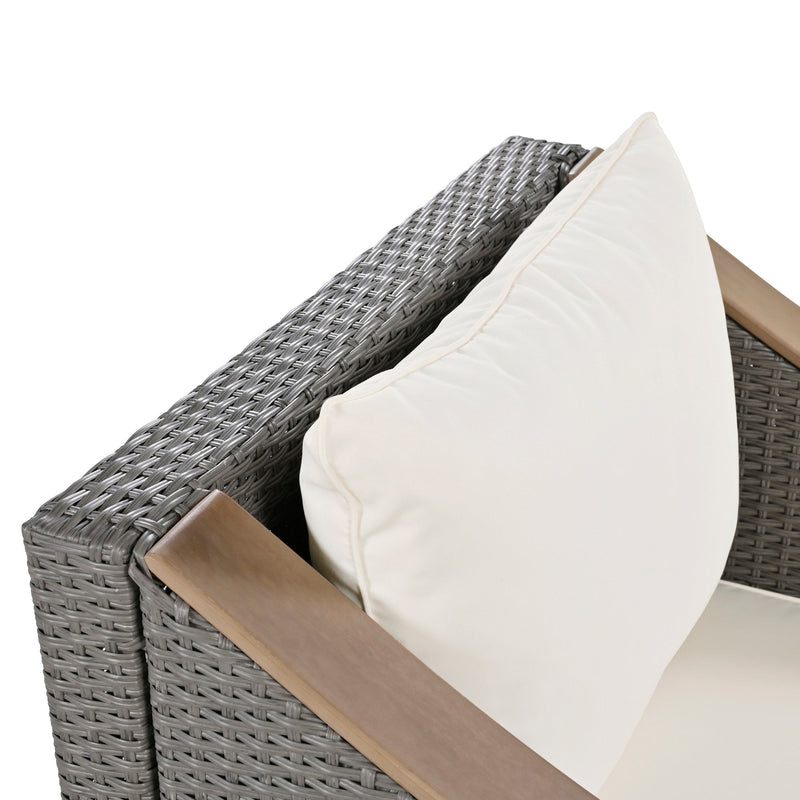 4-Piece Rattan Outdoor Conversation Sofa Set with Wooden Coffee Table and Cushions Seating 5 People for Patio, Garden and Backyard (Grey)