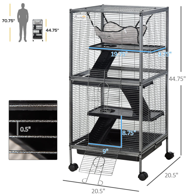 Metal Small Animal Cage Rolling Big Ferret Cage, Chinchilla Cage, Sugar Glider Cage, with Hammock & 4 Tiers, Removable Tray, Gray