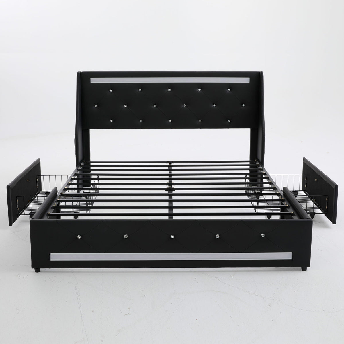 Wingback Upholstered Bed Frame With LED Lights, Charging Station, photo 3 of 40