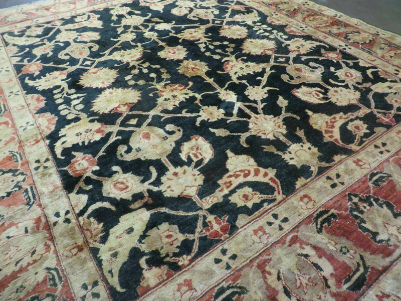 8' X 9' Handmade Pakistan Wool Cotton Rug Peshawar Black Floral Nice
