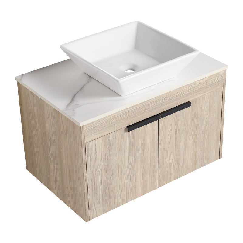 30" Modern Design Float Bathroom Vanity With Ceramic Basin Set, Wall Mounted White Oak Vanity With Soft Close Door, KD-PackingD-Packing Pieces