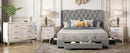 4-Pieces Bedroom Sets Queen Size Upholstered Bed with Three Drawers, High Gloss Mirrored Nightstands and Dresser with Metal handles and Legs