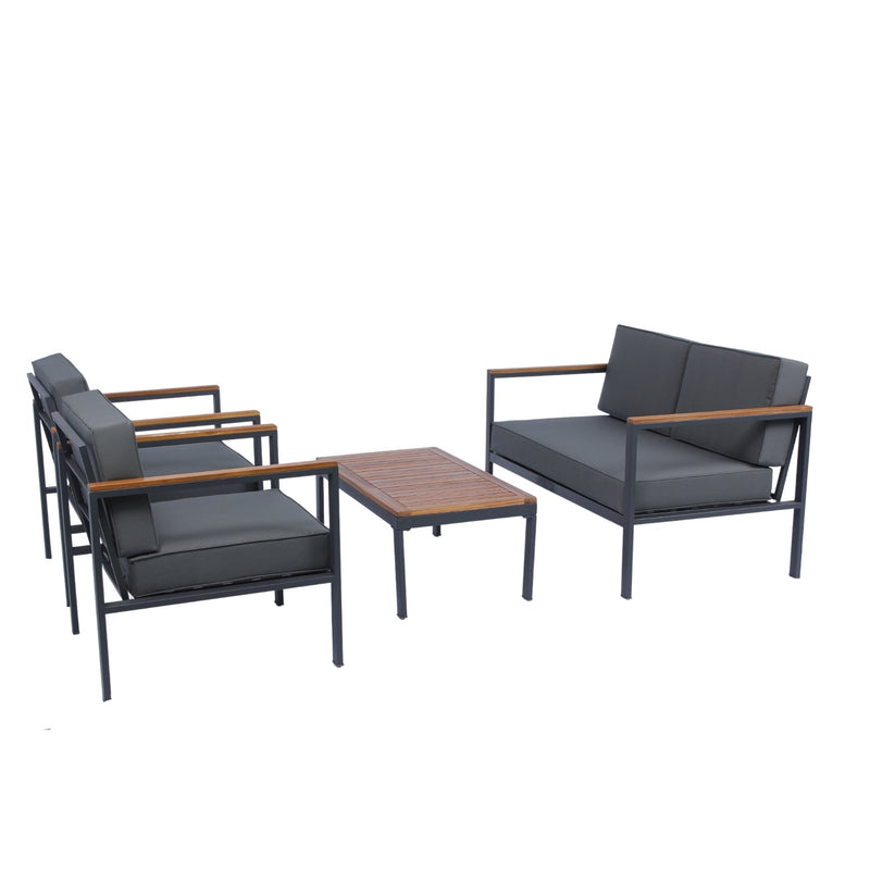 Walker Edison - 4 Piece Outdoor Sofa Set with Acacia Wood Top, Padded Patio Conversation Table Chair Set w/Coffee Table for Garden, Backyard, Poolside Dark Grey Cushion