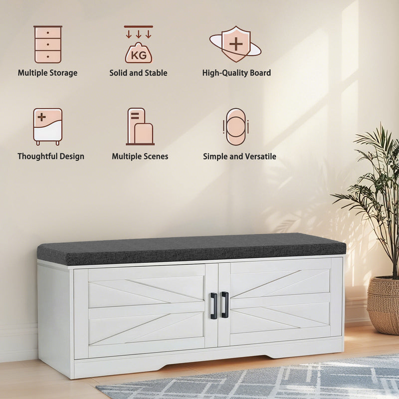 2 Tier Shoe Bench with Padded Seat, 2 Barn Doors and Adjustable Shelves, for Entryway and Living Room, White MDF
