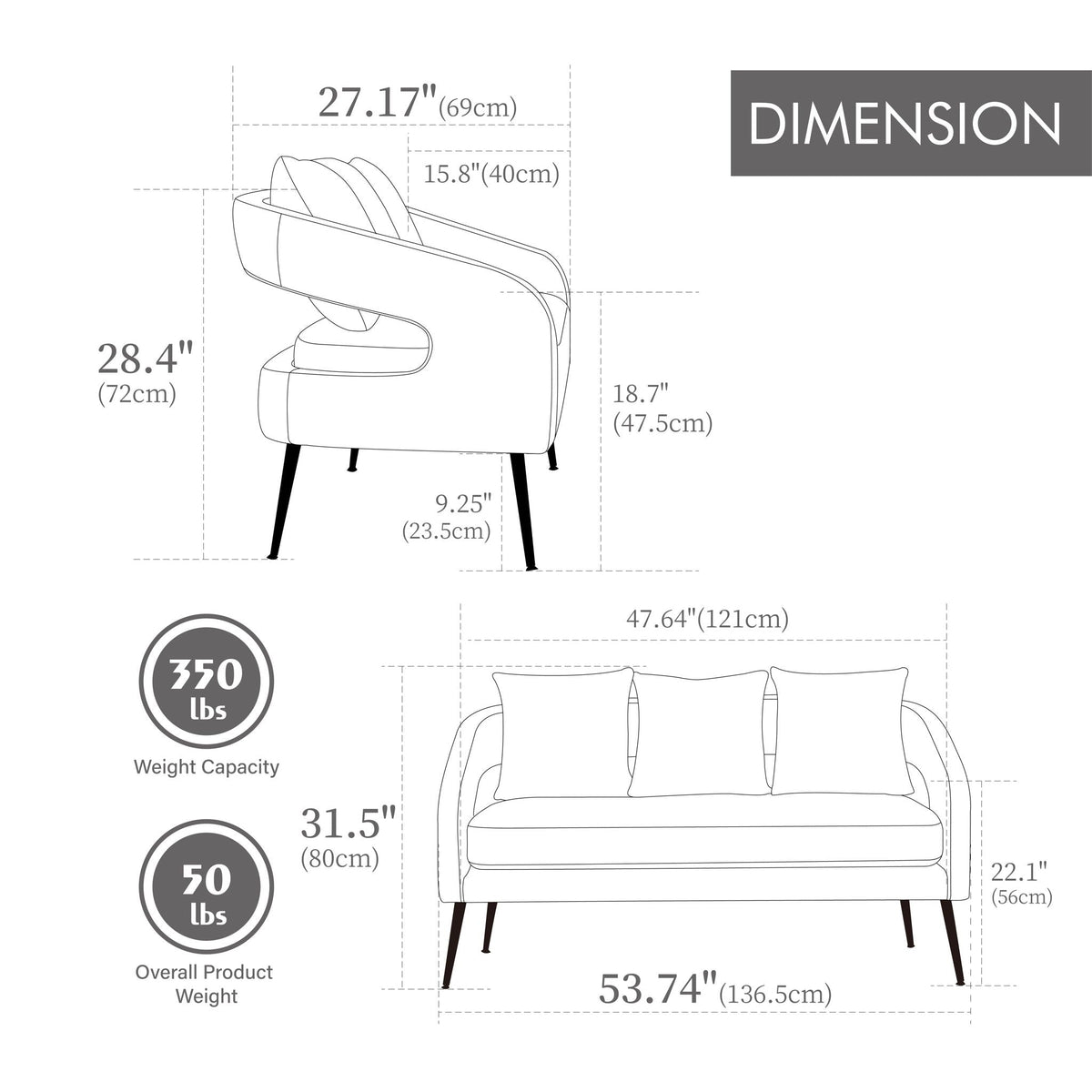 Open Back Loveseat Settee With 3 Pillows, photo 13 of 28