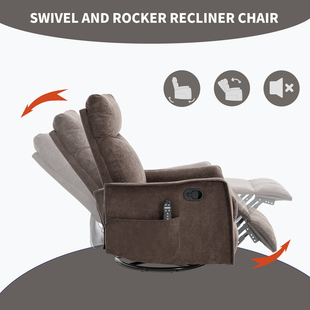 Heat Massage Manual Recliner Chair with Rocker and Swivel in Fabric, photo 5 of 10