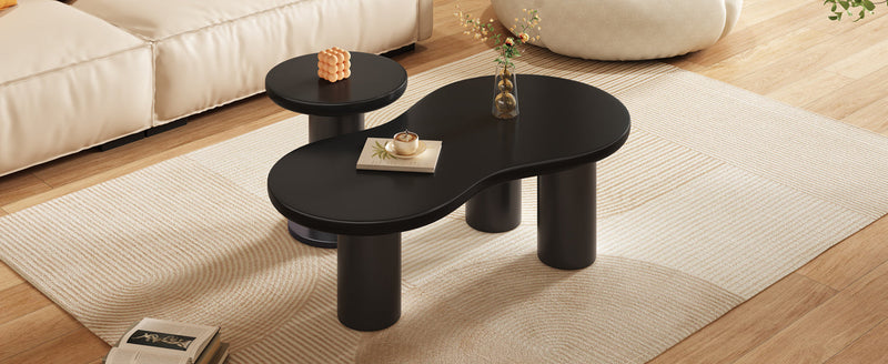 Walker Edison - Nesting Coffee Table Set of 2, Cream Style Cloud Coffee Table with Round Small Side Table,  Irregular Center Table with Thick Legs for Living Room, Black, 39.3''x 13.7'',Φ15.7''