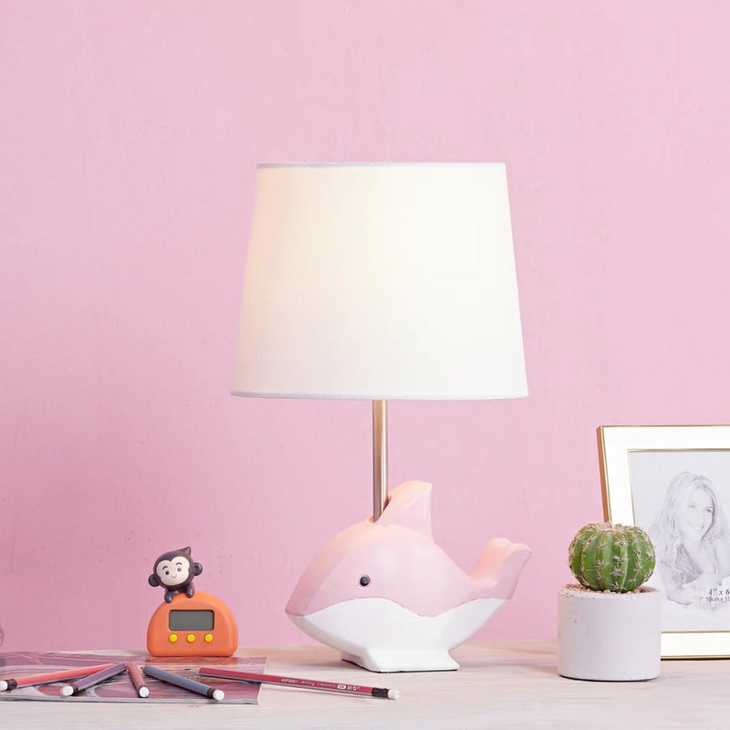 15-Inch Dolphin Table Lamp, Pink Resin Base with White Linen Shade, photo 3 of 9