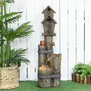 Outsunny - Outdoor Fountain With Birdhouse, Cascading Garden Waterfall Bird Bath With 3 Tier Rustic Tree Trunk / Log Design, LED Lights For Porch, Deck, Yard Decor - Brown