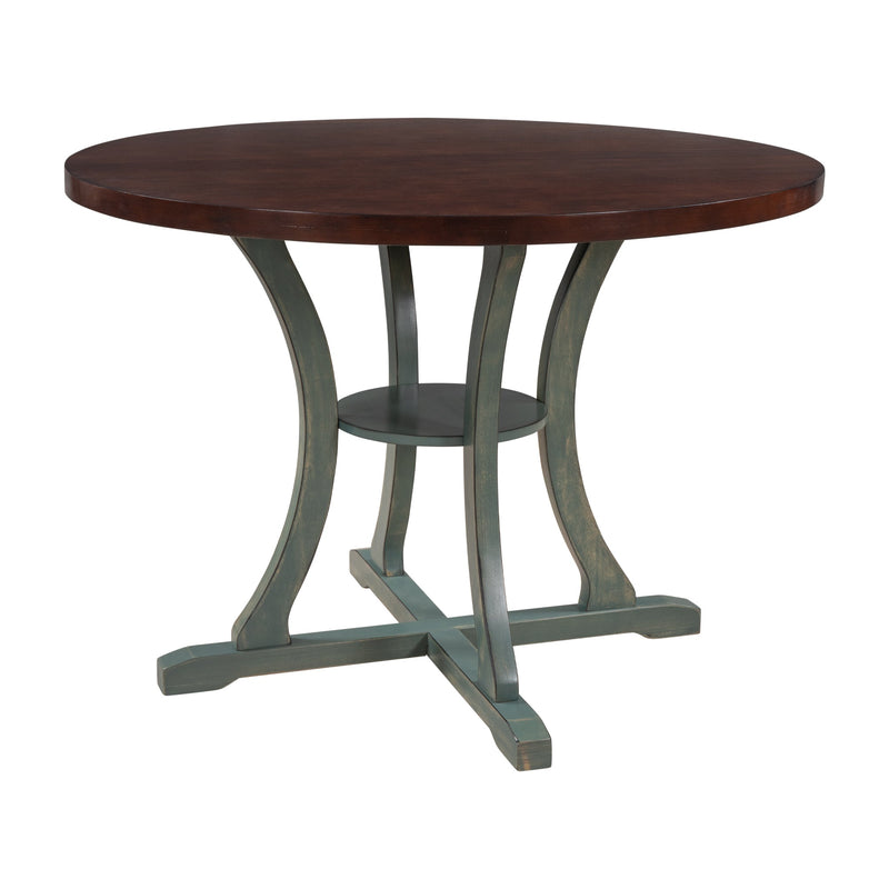 5-Piece Round Dining Table and 4 Fabric Chairs with Special-shaped Table Legs and Storage Shelf (Antique Blue/ Dark Brown)