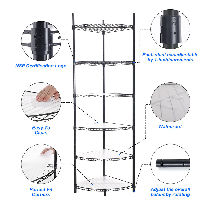 6 Tier Shelf Corner Wire Shelf Rack Adjustable Metal Heavy Duty Free Standing Corner Storage Display Chrome Rack for Bathroom, Living Room, Kitchen - Black