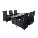 7 Piece Outdoor Patio Wicker Dining Set Patio With Adjustable Backrest Black Wicker + Dark Grey Cushion