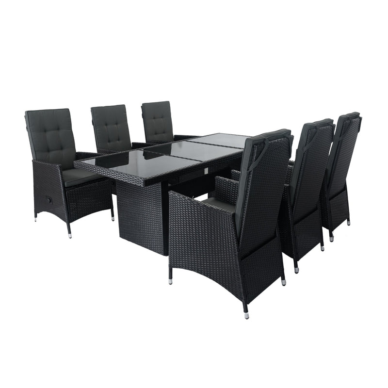 7 Piece Outdoor Patio Wicker Dining Set Patio With Adjustable Backrest Black Wicker + Dark Grey Cushion
