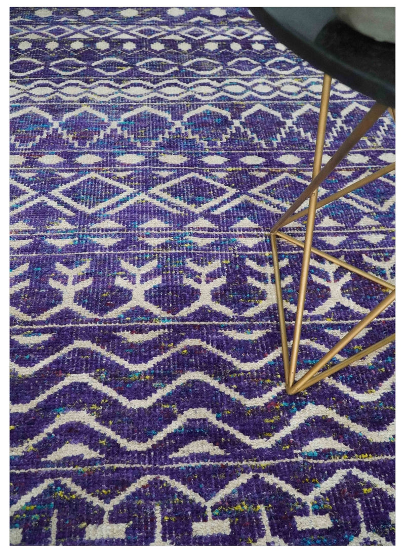 5.7x8.7 Hand Knotted Violet and Ivory Modern Contemporary Southwestern Tribal Trellis Recycled Silk Area Rug