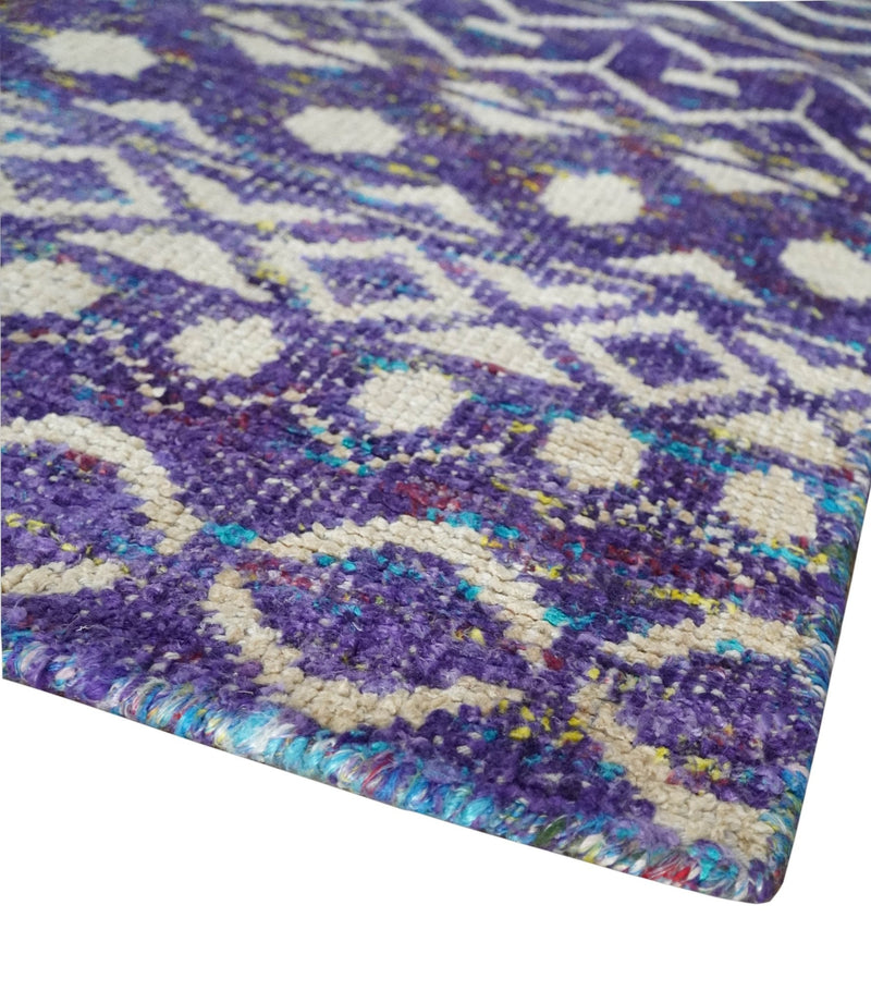 5.7x8.7 Hand Knotted Violet and Ivory Modern Contemporary Southwestern Tribal Trellis Recycled Silk Area Rug