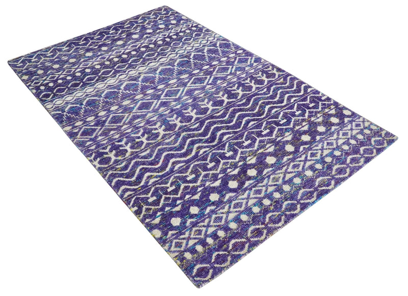 5.7x8.7 Hand Knotted Violet and Ivory Modern Contemporary Southwestern Tribal Trellis Recycled Silk Area Rug