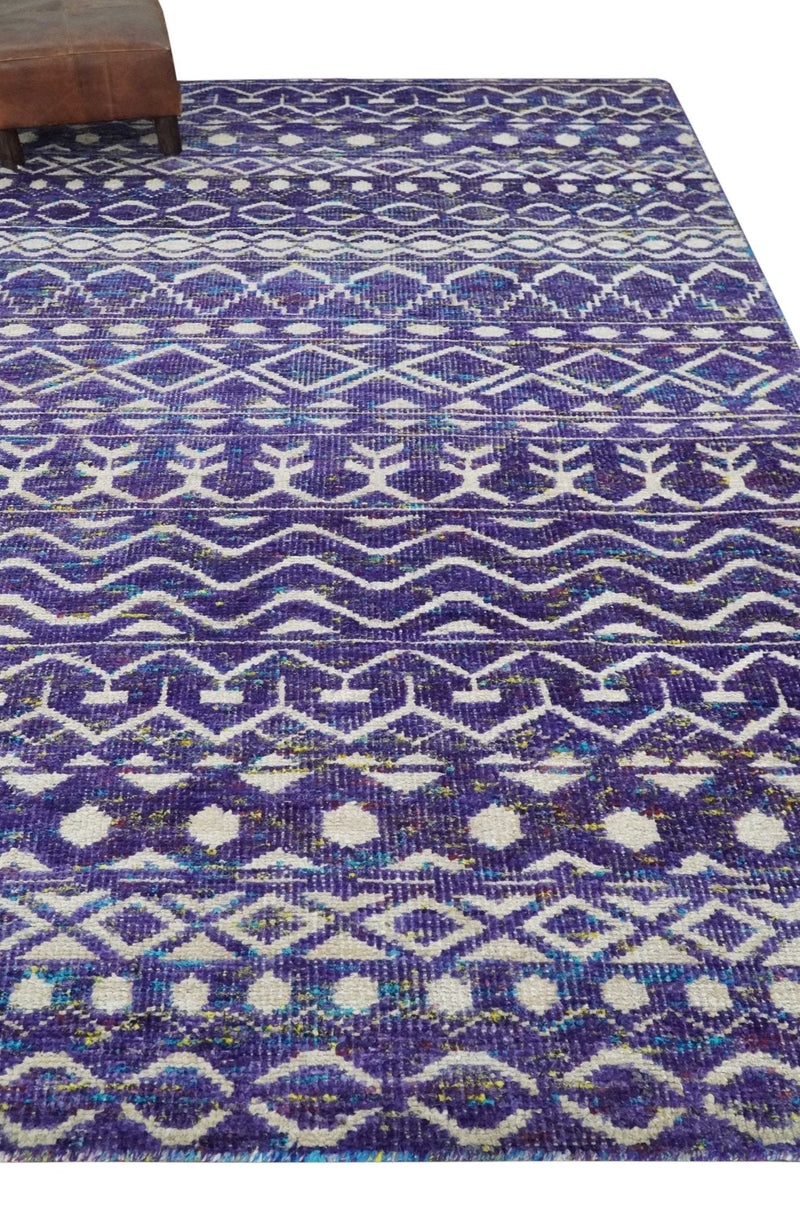 5.7x8.7 Hand Knotted Violet and Ivory Modern Contemporary Southwestern Tribal Trellis Recycled Silk Area Rug