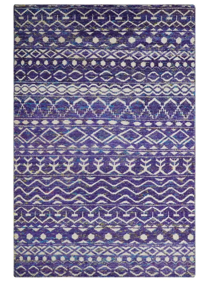 5.7x8.7 Hand Knotted Violet and Ivory Modern Contemporary Southwestern Tribal Trellis Recycled Silk Area Rug