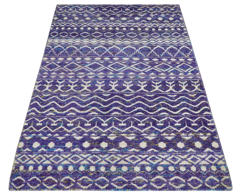 5.7x8.7 Hand Knotted Violet and Ivory Modern Contemporary Southwestern Tribal Trellis Recycled Silk Area Rug