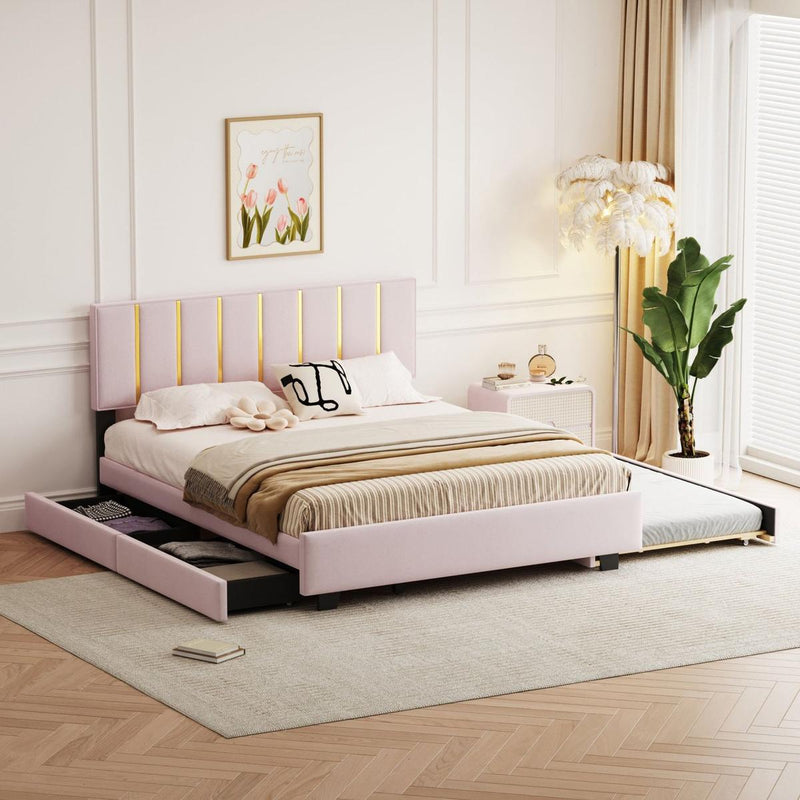 Queen Size Upholstered Platform Bed with 2 Drawers and 1 Trundle, Classic Metal Strip Headboard Design, Pink