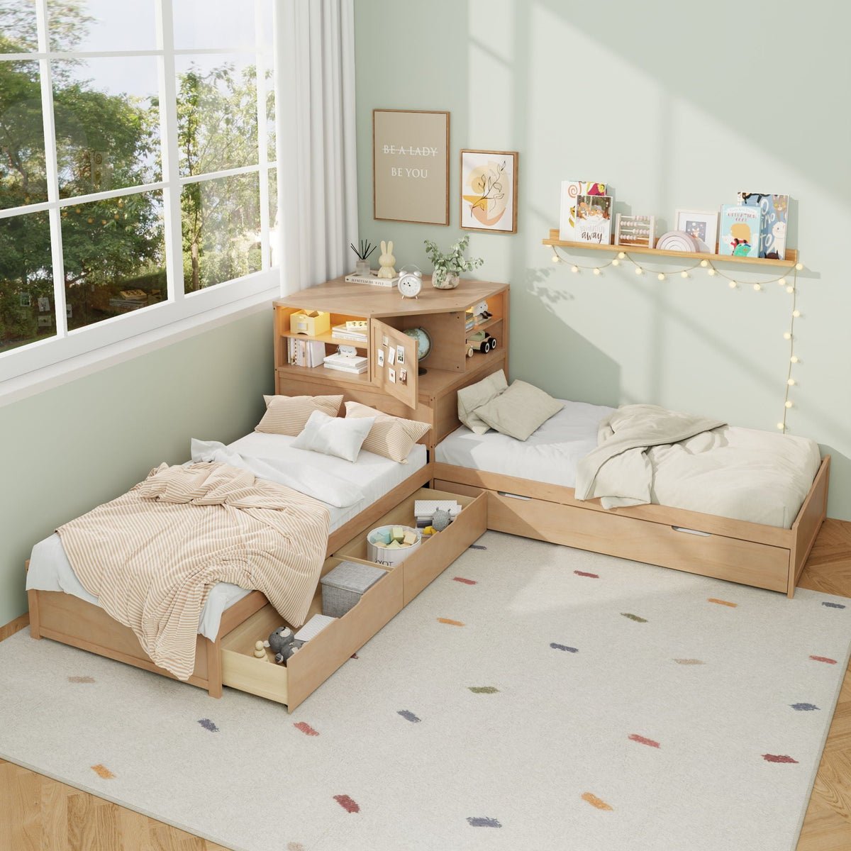 L-Shaped Bed Frame With Trundle, Built In Desk & LED Lighting, photo 14 of 31