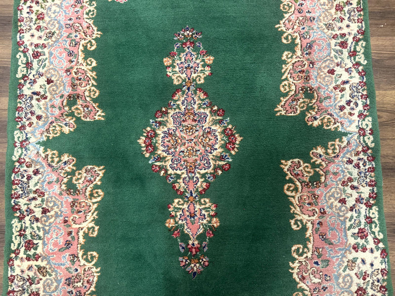 Green Persian Kerman Rug 4x6, Semi Open Field, Green & Cream, Vintage