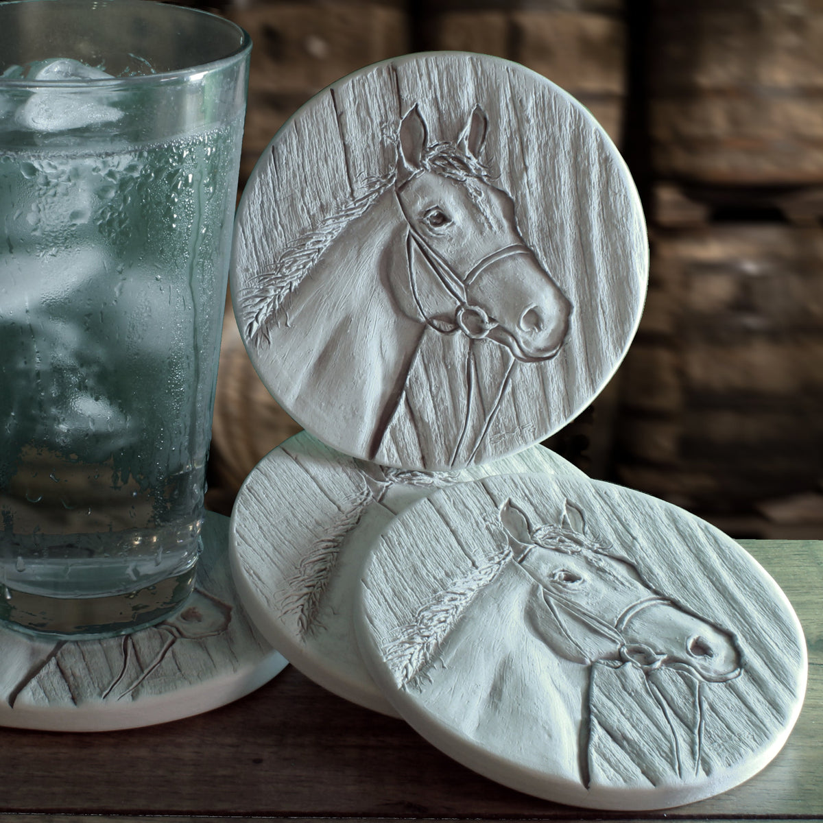 Horse Wood Drink Coasters, installed in a room