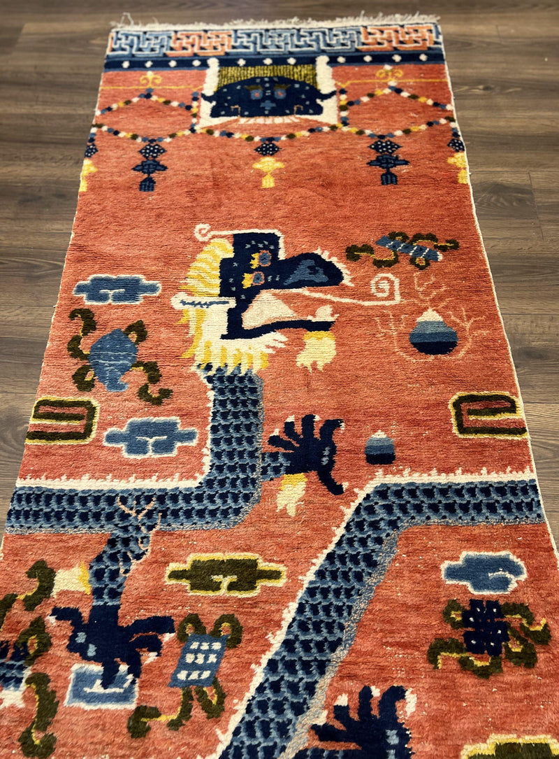 Rare Chinese Ningxia Pillar Rug 3x8, Late Qing Dynasty, 5 Clawed Dragon, Cloud Rainbow Border, Collectible Antique Carpet, Wool Hand Knotted