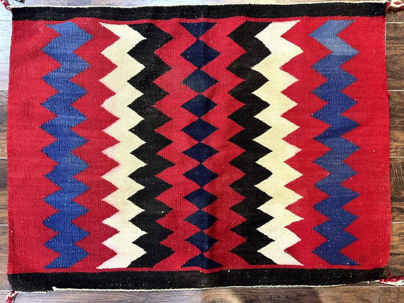 Antique Navajo Rug 3.7 x 2.8, Red Ivory Blue, Zig Zag Pattern, Handmade, Wool