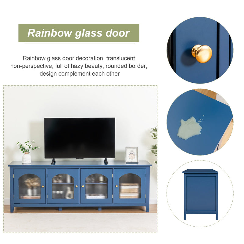 71-inchstylishTVcabinet Entertainment CenterTV stand,TVConsoleTable, Media Console,solidwood frame,Changhong glass door,Metal handle,antique blue,canbeplacedin the children's room,bedroom Living Room