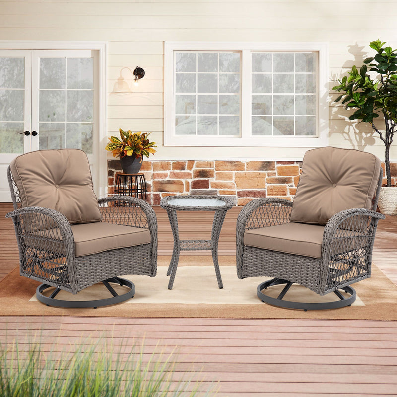 3 Pieces Outdoor Swivel Rocker Patio Chairs, 360 Degree Rocking Patio Conversation Set with Thickened Cushions and Glass Coffee Table for Backyard, Khaki