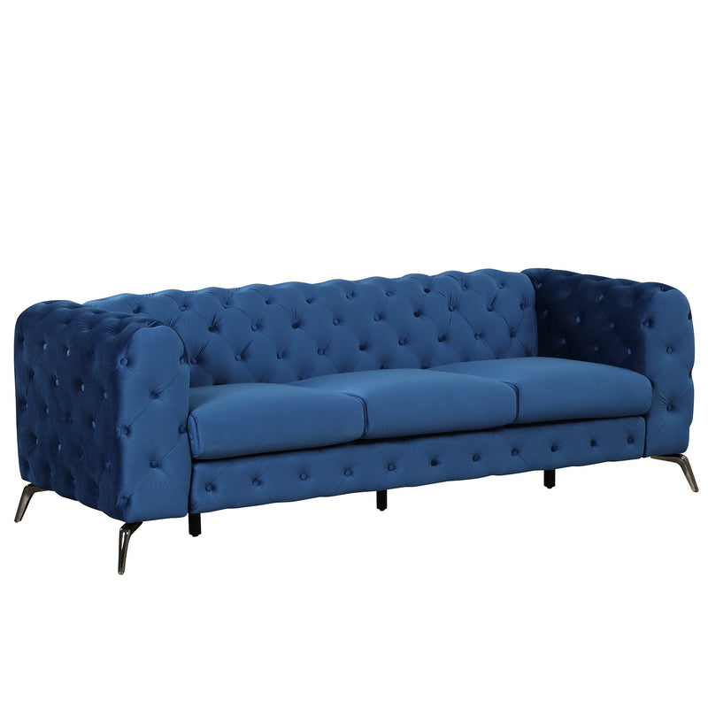 85.5" Velvet Upholstered Sofa with Sturdy Metal Legs, Modern Sofa Couch with Button Tufted Back, 3 Seater Sofa Couch for Living Room, Apartment, Home Office, Blue