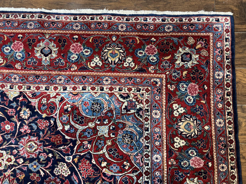 Navy Blue Persian Rug 9x12, Antique Persian Carpet, Kork Wool, 200 KPSI, Persian Kashan Rug