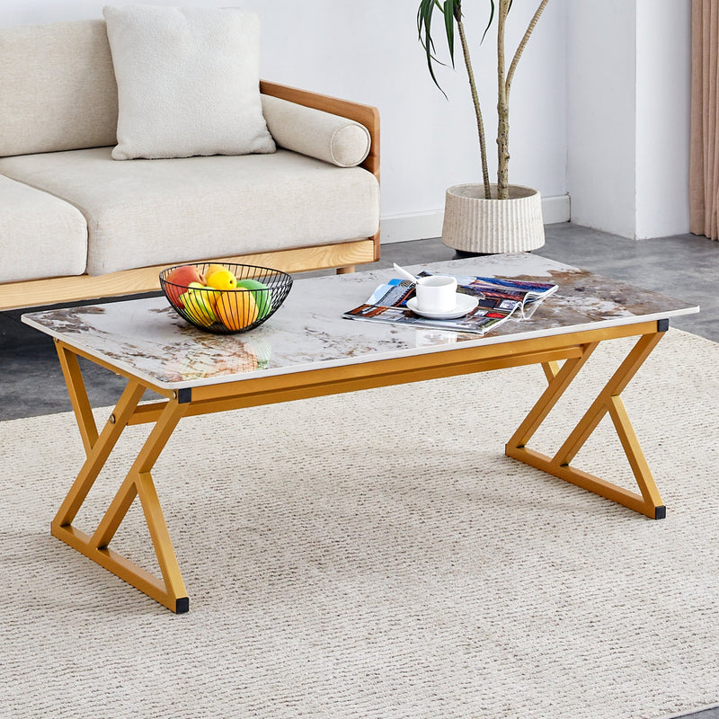 A modern minimalist style marble patterned coffee table with golden metal legs. Computer desk. Game table. Tea table. CT-XX