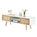 55.12" Rattan TV Cabinet, Double Sliding Doors For Storage, Adjustable Shelf, Solid Wood Legs, TV Console For Living Room by Unique Piece Furniture